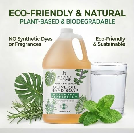 Brittanie's Pure Organic Castile Liquid Olive Oil Soap Refill, Rosemary Peppermint, 1 Gallon | Face, Body Wash, Dishes, Pets & Laundry | Vegan & Gluten Free Non-GMO