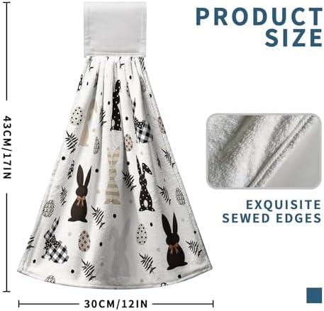 Easter Kitchen Hanging Towels Black and White Bunny Easter Hand Towel with Hanging Loops Spring Rabbit Eggs Holiday Dish Tie Towel Soft Absorbent Fingertip Bath Towel for Bathroom