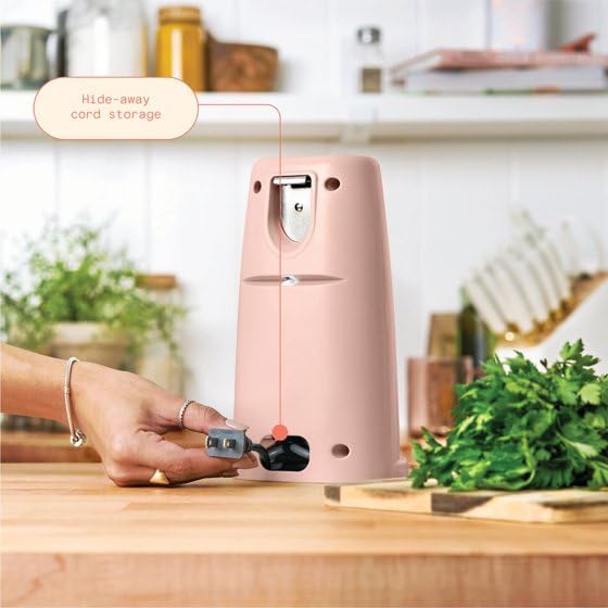 B'eautiful Easy-Prep Electric Can Opener with 70-watt motor effectively, Auto-turn & One-Touch Operation Built-in knife sharpener and bottle opener by D'rew Barry'more (Rose)