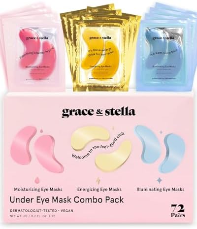 grace & stella Under Eye Mask - Reduce Dark Circles, Puffy Eyes, Undereye Bags, Wrinkles - Gel Under Eye Patches, Bulk Gifts for Women - Vegan Cruelty-Free Self Care (72 Pairs, Gold, Pink, & Blue)