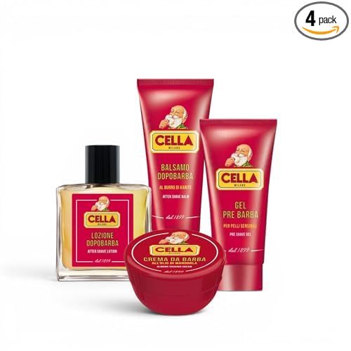 Cella Milano Luxury Italian Wet Shaving 4-Piece Grooming Bundle – Shave Cream, Pre-Shave Gel, Aftershave Balm & Aftershave Lotion | Traditional Barber Formula Since 1899