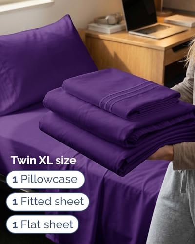 Twin XL Size 3 Piece Sheet Set - Comfy Breathable & Cooling Sheets - Purple