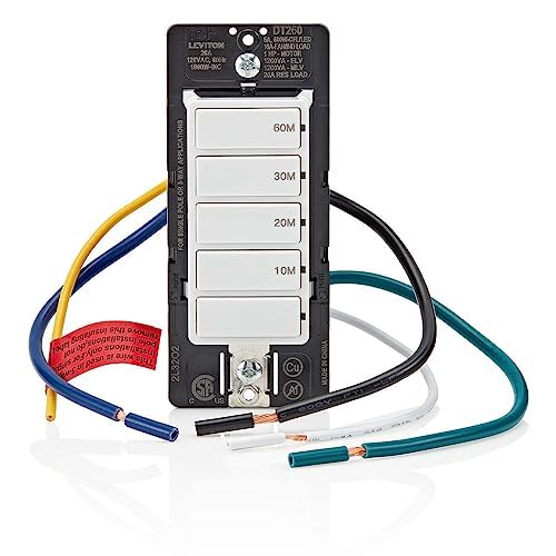 Leviton Countdown Switch for bathroom household lights, 10-20-30-60 min, Neutral Wire Required, 20A, 1HP/16A Fan/Motor, Single Pole, Multi-Way or Multi-Timer, DT260-1LW, White