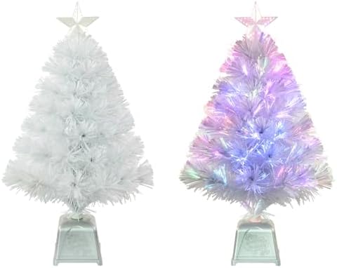 24inch White Fiber Optic Christmas Tree,Pre-Lit Artificial Mini Christmas Tree, Tabletop Small Xmas Tree with Stars Holiday Home Decorations