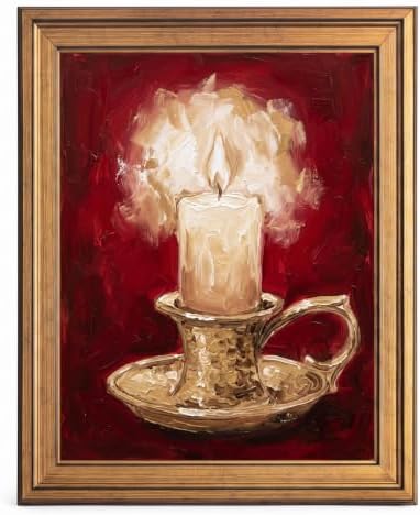 Framed Canvas Wall Art Painterly Glowing Candle Brass Holder Red and Gold Impasto Art Canvas Print Poster Gold Frame Wall Decor for Living Room Warm Ambiance, Traditional Decor - Inch 12x16