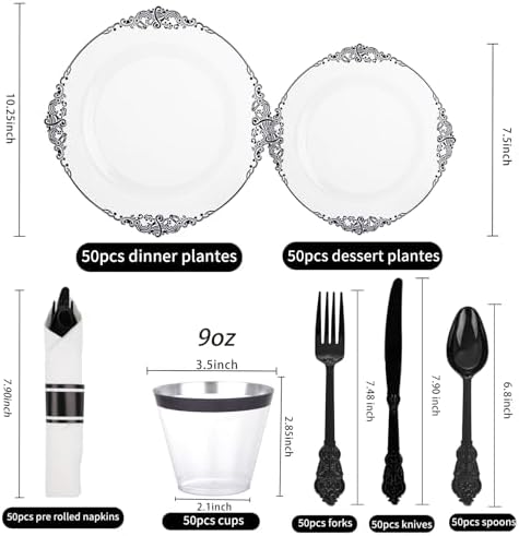 Hioasis 350 Pcs Clear Black Plates for Party