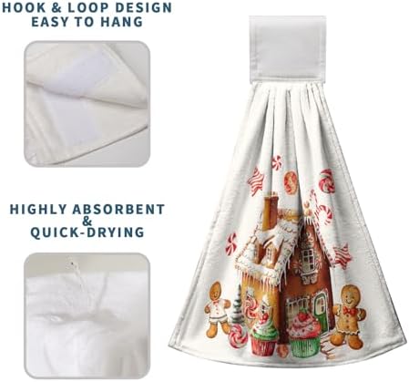 Christmas Gingerbread Man Hanging Kitchen Towels Cookies Candy Cane Hand Towel with Hanging Loop Ginger Bread House Dish Towels Xmas Soft Absorbent Fingertip Bath Tea Towel Decor Set of 2