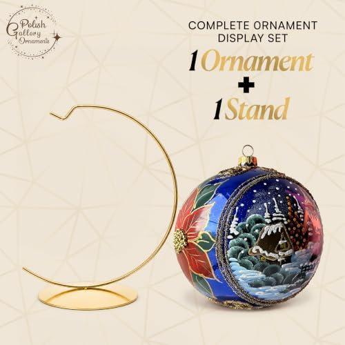 Hand Blown Glass Christmas Ornaments Ball, Sapphire 6 in + Stand