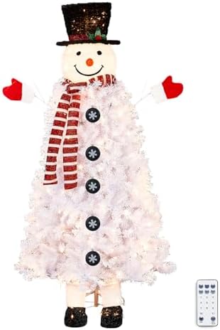 VINGLI 6ft Snowman Christmas Tree with 220 LED Lights, 708 Tips Artificial Xmas Tree, 10 Light Modes, Festive Indoor Christmas Decor for Holiday Party and Home Pre-Lit Design