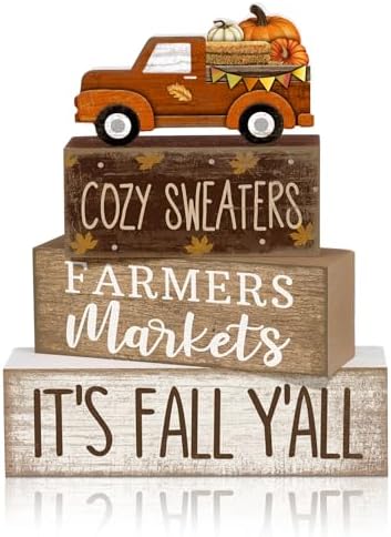 Lineshading 4 Pcs Fall Truck Table Decor, Its Fall Yall Wooden Block Signs