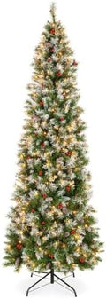 Best Choice Products 9ft Pencil Christmas Tree Pre-Lit w/Viral Twinkling Lights, Slim Pre-Decorated Artificial Frosted Pine Skinny Holiday Decoration w/Frosted Tips, Pine Cones, Berries, Metal Base