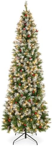 Best Choice Products 9ft Pencil Christmas Tree Pre-Lit w/Viral Twinkling Lights, Slim Pre-Decorated Artificial Frosted Pine Skinny Holiday Decoration w/Frosted Tips, Pine Cones, Berries, Metal Base