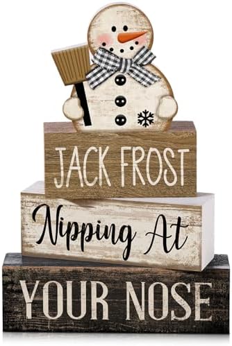 Moucuny 4 Pcs Wooden Block Signs Snowman Farmhouse Table Decoration