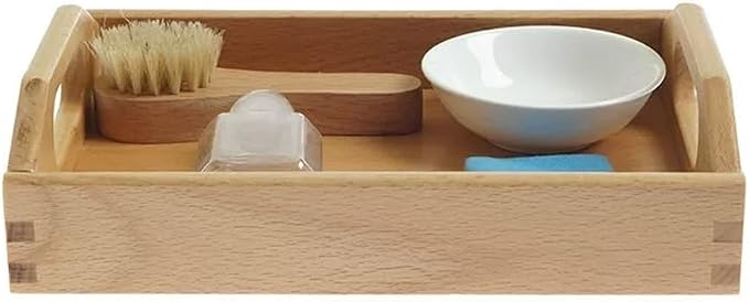 Montessori Shoe Cleaning Practical Life Set, Kids Shoe Washing Work Tray with Wooden Brush, Bowl, Spray Bottle & Cloth
