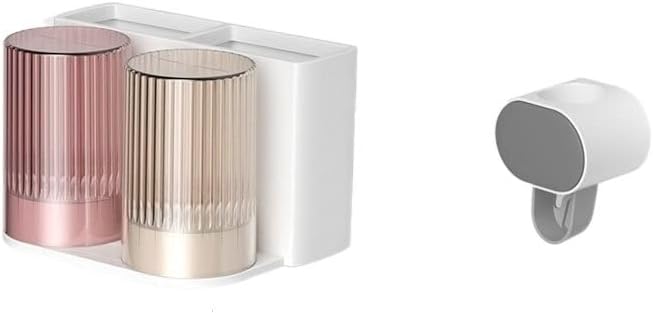 Toothbrush Rack 2PCS Wall Mounted Toothbrush Holder Storage Rack with Mouthwash Cup Automatic Toothpaste Dispenser Squeeze Kit Bathroom Toothbrush Holder(F)