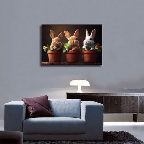 JDBeehpy Three Rabbits in Flowerpot Canvas Painting Prints Framed 12x18in