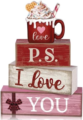 Lineshading 4 Pcs Wooden Block Signs, P.S. I Love You Tiered Tray Decor