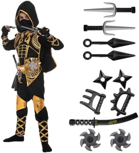 Spooktacular Creations Golden Ninja Costume Set, Ninja Jumpsuit with Foam Accessories for Kids, Toddler Halloween Outfit for Ideas Cosplay Party (Small, 5-7 yrs)