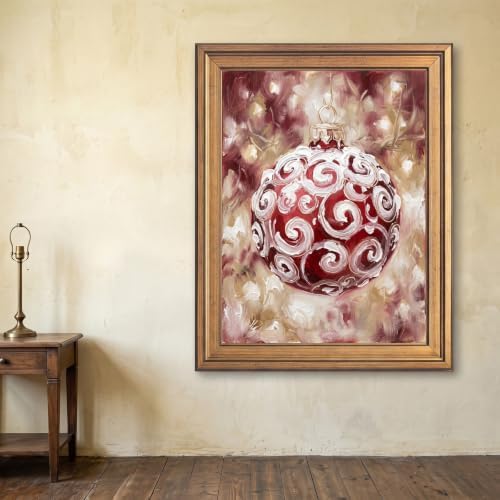 Framed Canvas Wall Art Expressive Painterly Red Glass Ornament Red and White Snow Swirls Canvas Print Poster Gold Frame Wall Decor for Living Room Holiday Decor, Christmas Spirit - Inch 24x36