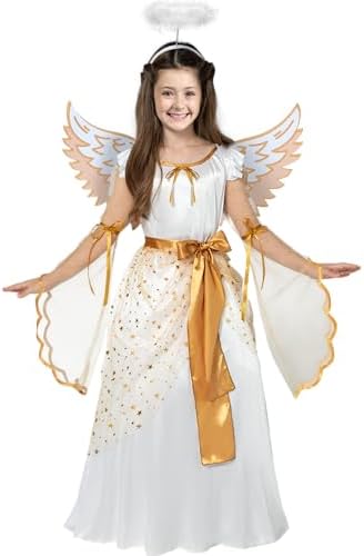 Spooktacular Creations Halloween Angel Costume for Girls, Golden White Angel Dress for Kids for Halloween Role Play Themed Party (Medium, 8-10 yrs)