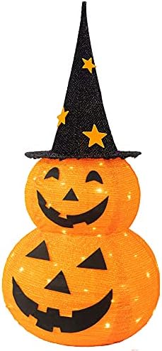 Halloween Decorations, 3 FT Pop Up Collapsible Pumpkin, Pre-Lit 50 LED Lighted Pupmkin Man with Star Hat, Jack o' Lantern with Metal Stand for Outdoor Indoor Garden Yard Home Party Decor