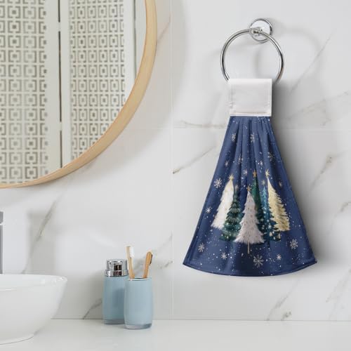 Christmas Tree Blue Hanging Kitchen Hand Towels Set of 2 Teal White Gold Xmas Snowflakes Kitchen Tie Towels Fast Drying Oven Stove Dish Towel Soft Absorbent Fingertip Bath Towel for Bathroom