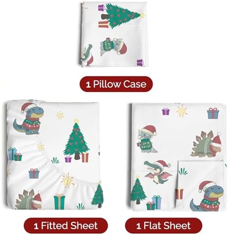 Christmas Sheet Set, Christmas Dinos, Holiday Xmas Bedding Set - Twin Size