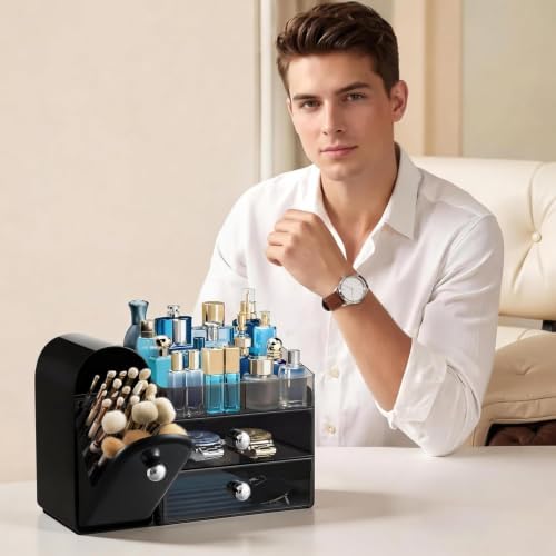 HBlife Makeup Organizer Countertop with Drawers, Cologne Organizer for Men, Vanity Organizers with Brush Holder, Bathroom Countertop Organizer Skin Care Storage, Gift for Dad Husband, Black Silver
