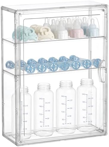 HBlife Baby Bottle Storage Organizer for Wall Countertop Cabinet, 3 Tiers Adjustable Clear Acrylic Bottles Storage Station Case Box Container with 2 Removable Dividers and Magnetic Door, Small