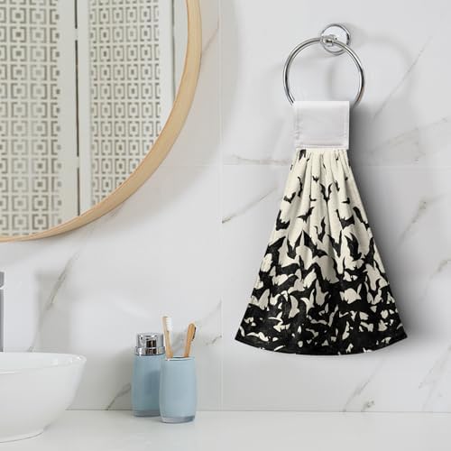 2 Pcs Halloween Black Bats Hanging Kitchen Towels Hand Towel with Hanging Loop Holiday Dish Tie Towel Soft Absorbent Fingertip Bath Towel for Bathroom Farmhouse Decor
