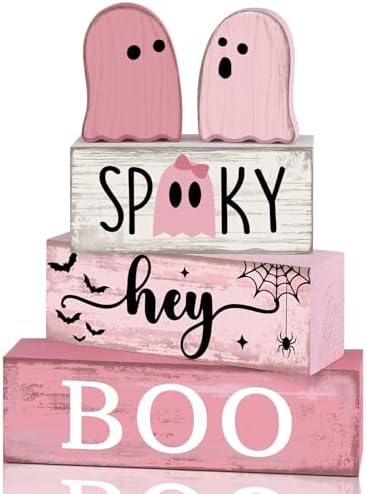 Lineshading 4 Pcs Pink Halloween Tiered Tray Decor, Wooden Ghost Signs