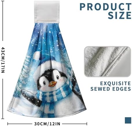 Winter Penguin Blue Kitchen Hanging Towels Set of 2 Cute Snowman Snowflakes Christmas Hand Towels with Hanging Loop Tea Bar Dish Cloths Dry Towel Soft Absorbent Fingertip Bath Tie Towel for Bathroom