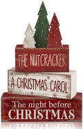 Moucuny 4 Pcs Christmas Table Decorations Rustic Christmas Tree Stacked Wooden Signs Decor Red Green and White Winter Tiered Tray Decor Xmas Table Centerpiece Farmhouse for Home Kitchen Shelf