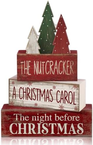 Moucuny 4 Pcs Christmas Table Decorations Rustic Christmas Tree Stacked Wooden Signs Decor Red Green and White Winter Tiered Tray Decor Xmas Table Centerpiece Farmhouse for Home Kitchen Shelf