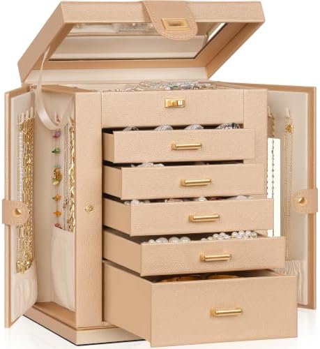 AKOZLIN 6-Tier Jewelry Box Organizer 5 Drawers Storage M-L Champagne