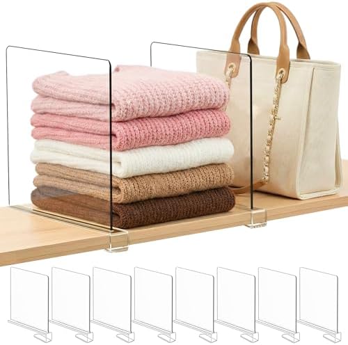 Purse Organizer for Closet Shelf Dividers: 11-inch Tall (Higher Version) Adjustable Clear Acrylic Bag Storage Organizer for Handbags, Sweaters, Towels, Jeans and Shoes on Wood Shelves 8-Pack
