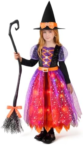Spooktacular Creations Witch Costume Kids, Light Up Halloween Costumes Witch Dress with Hat and Broom for Girls, Sweet Wizard Set for Toddler Scary Halloween Themed Parties, Orange, S