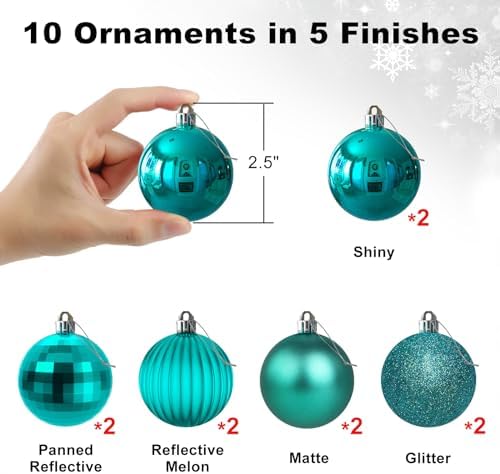 Teal 2.5" Christmas Balls Christmas Tree Decoration Ornaments Shatterproof Hanging Balls for Birthday Halloween Holiday Wedding Decorations Set of 10pcs