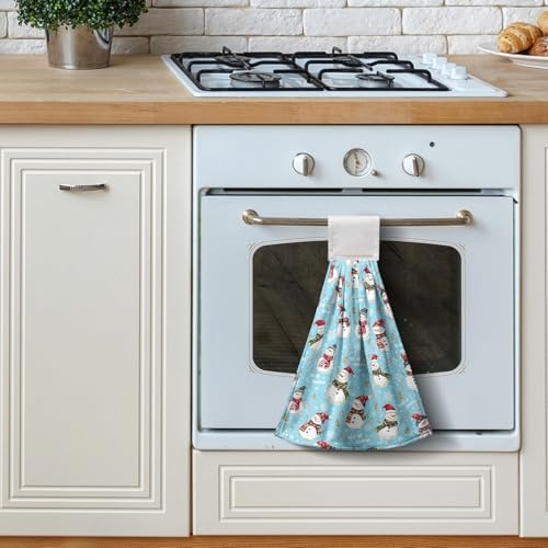 Christmas Winter Snowman Hanging Hand Towels Set of 2 Blue Snowflakes Xmas Holiday Kitchen Towels with Hanging Loop Tea Bar Dish Cloth Towels Soft Absorbent Fingertip Fast Dry Bath Towels