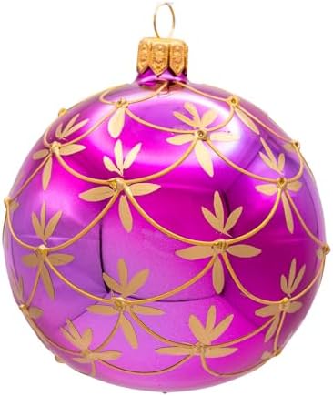 Luxury Handcrafted European Glass Christmas Ball Ornaments - Set of 6 - Magenta Art Nouveau - 8 cm - Mouth-Blown & Hand-Painted
