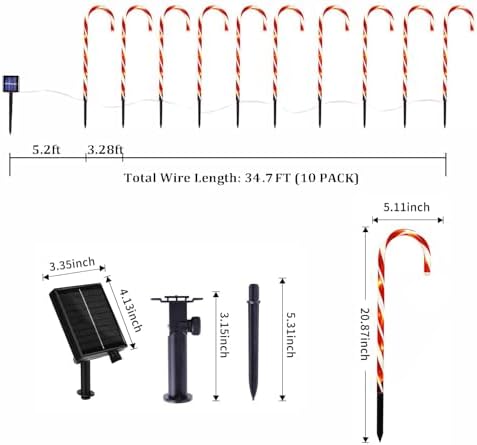 10 Pack Solar Candy Cane Lights, 21 Inch Red Christmas Yard Decorations