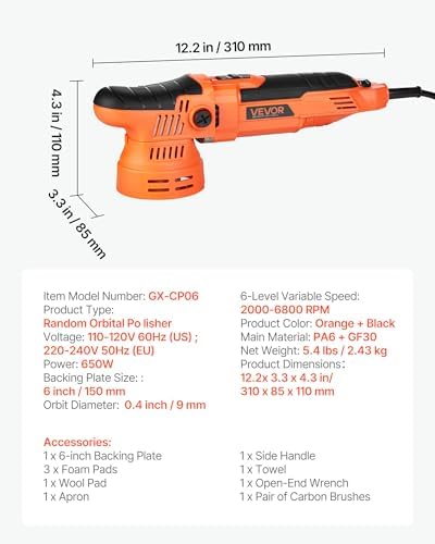 VEVOR Car Buffer Polisher, 6-Inch Dual Action Polisher Buffer Waxer, 650W 6 Variable Speeds 2000-6800RPM Random Orbital Polisher Kit for Cars Detailing, Waxing, Polishing