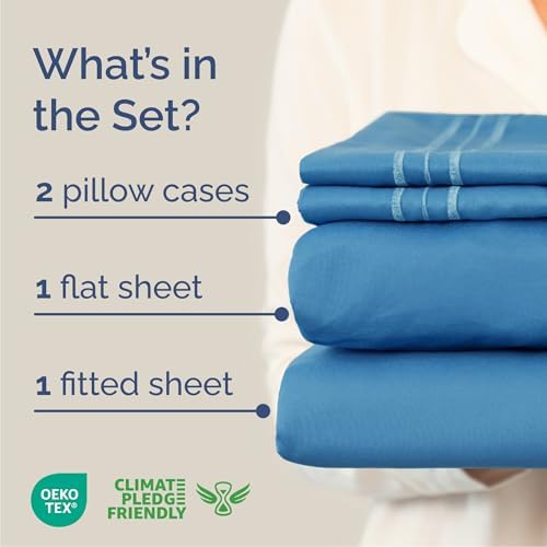 Queen Size 4 Piece Sheet Set - Breathable & Cooling Sheets - Denim Blue