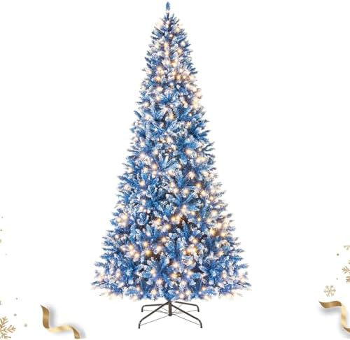 HAPPYGRILL 9 FT Pre-lit Christmas Tree Blue Hinged Artificial Xmas Tree with 520 Warm White LED Lights, 8 Modes, 1938 Frosted Branch Tips, Folding Metal Base, for Home Party Holiday
