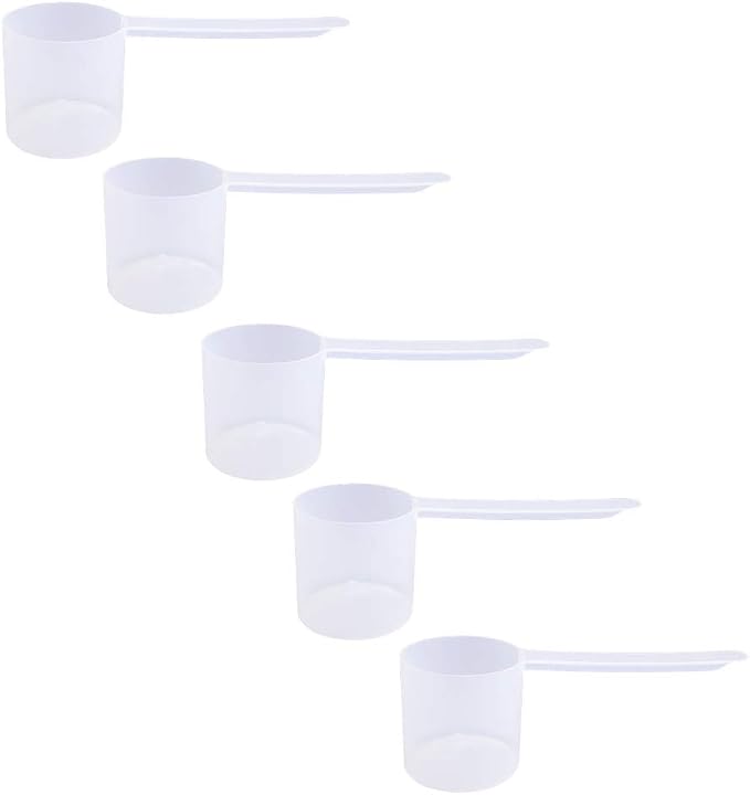 70cc Long Handle Measuring Scoop (4.73 Tbsp / 2.37 oz / 70mL) - Heavy-Duty Plastic Spoon for Powders, Protein, Coffee, and Baking, 5-Pack