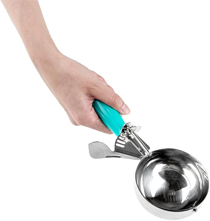 Restaurantware 6.5 Ounce Portion Scoop, 1 Trigger Release Stainless Steel Cookie Scoop - With Teal Handle, Stainless Steel Disher, For Portion Control, Cookie Dough, Cupcake Batter, Or Ice Cream