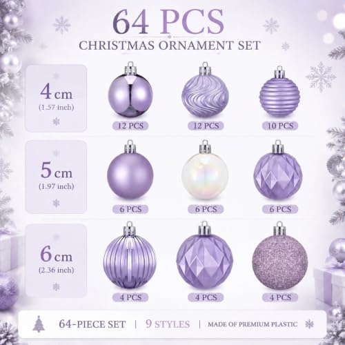 Lunmon 64 Pcs Lilac Purple Christmas Ball Ornaments Lavender Xmas Bulbs
