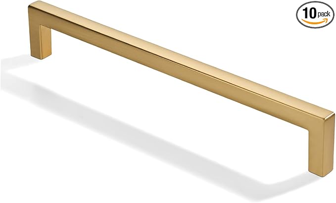 khtumeware 10 Pack 8 inch(203mm) Hole Center Brushed Brass Cabinet Pulls Solid Heavy-Duty Square Satin Brass Cabinet Handles Drawer Pulls Kitchen Cabinet Hardware Kitchen Handle