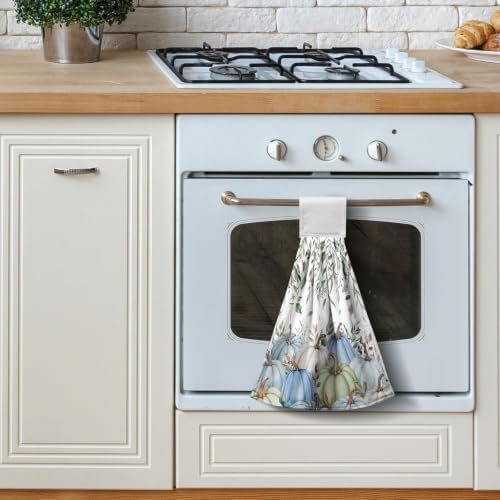 Fall Pumpkin Eucalyptus Leaves Kitchen Hanging Towel Set of 2 Autumn Harvest Kitchen Hand Towels with Hanging Loops Oven Stove Dish Washcloth Soft Absorbent Bath Tie Towel for Bathroom Decor