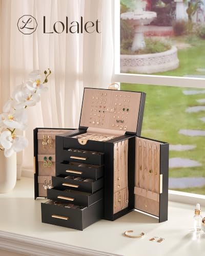 Lolalet Large Jewelry Box, 6-Layer Jewelry Organizer with 5 Drawers -Black